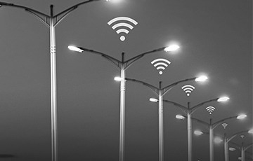 Black and white connected streetlamps picture