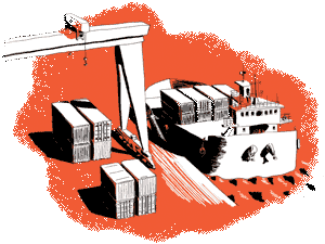 Red illustration of a boat charging containers at a port