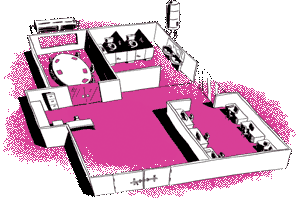 Pink illustration of smart building